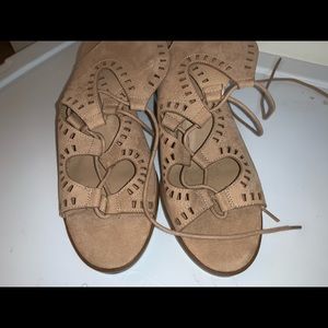 Tan open toe booties